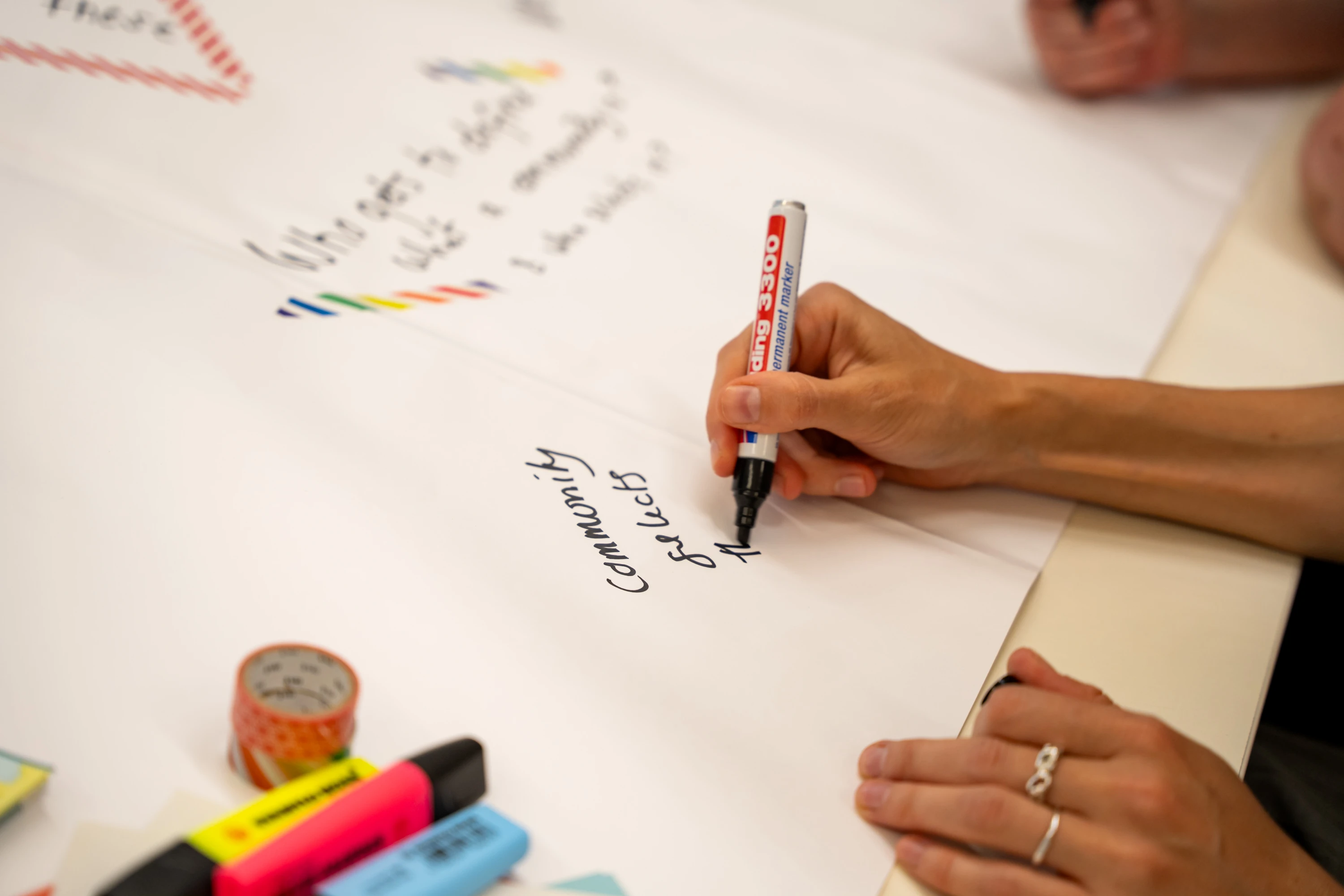 Person writing on a big piece of paper.